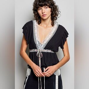 POL Tied Ruffled V-Neck Short Sleeve Blouse with Lace Detail